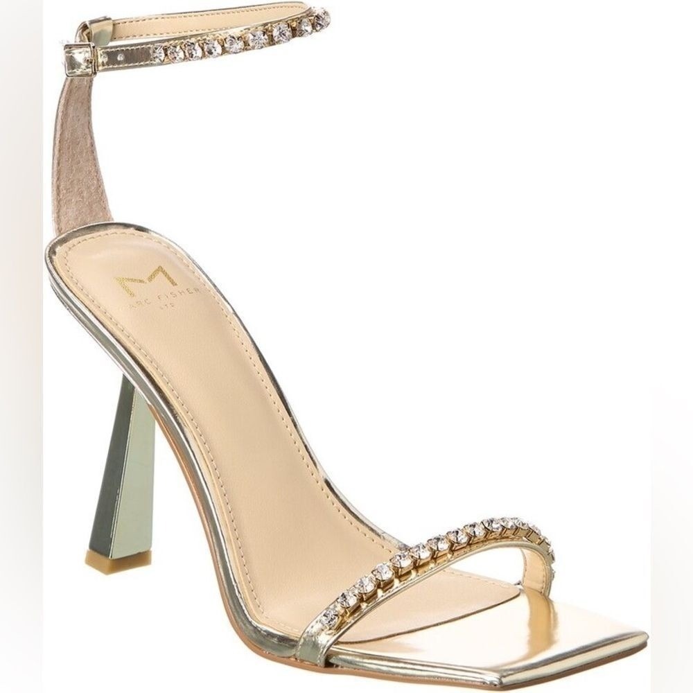 MARC FISHER Karima Leather Gold Heeled Sandal w/ Crystal Trim